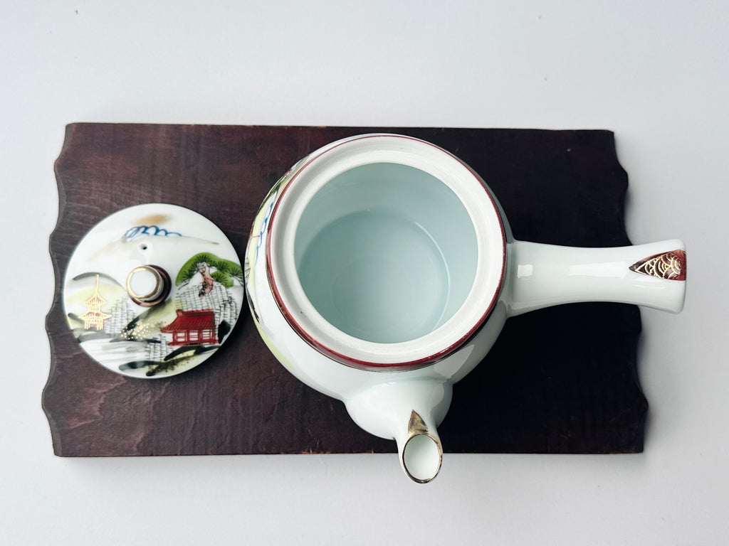 Vintage Kutani Porcelain Teapot – Hand-Painted Japanese Landscape, White Glaze Kyusu