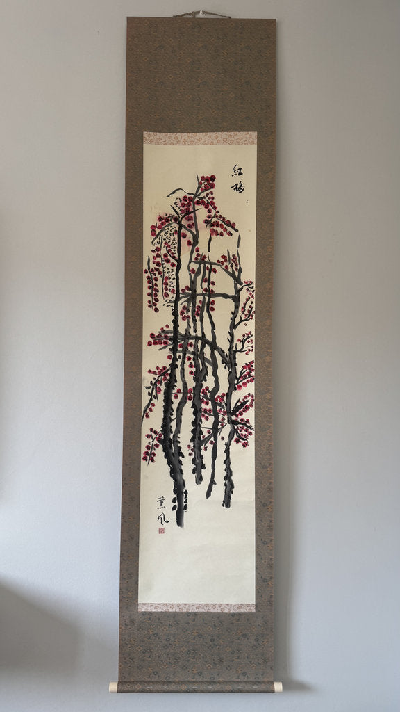 Vintage Japanese Kobai Red Plum Blossom Zenga Scroll Painting