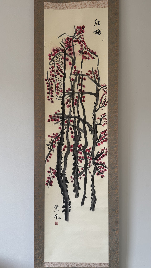 Vintage Japanese Kobai Red Plum Blossom Zenga Scroll Painting