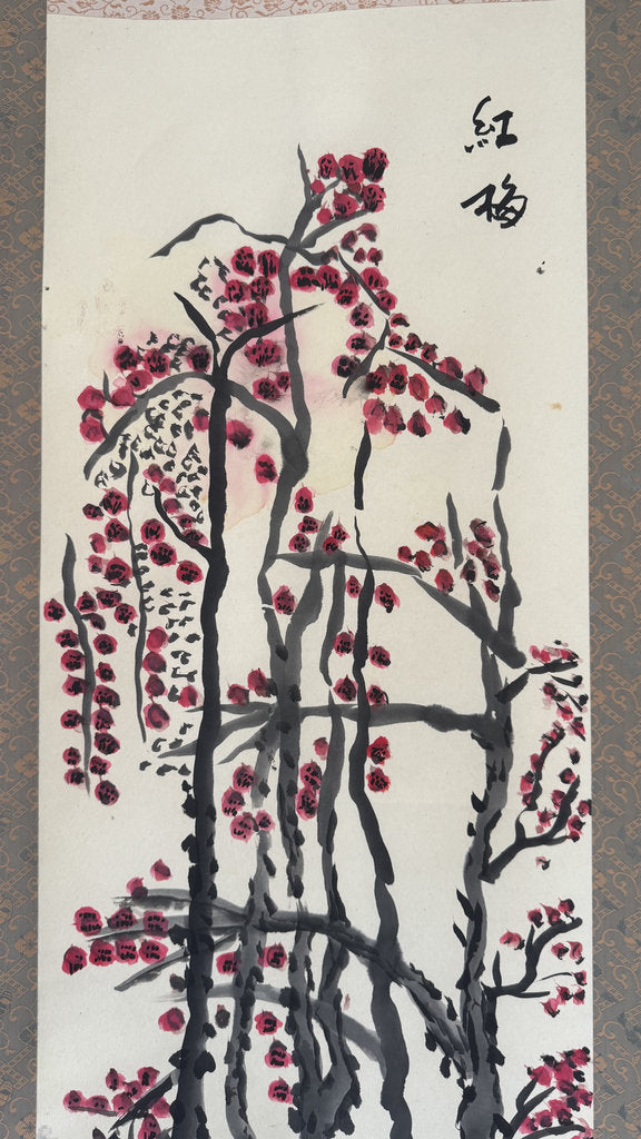 Vintage Japanese Kobai Red Plum Blossom Zenga Scroll Painting