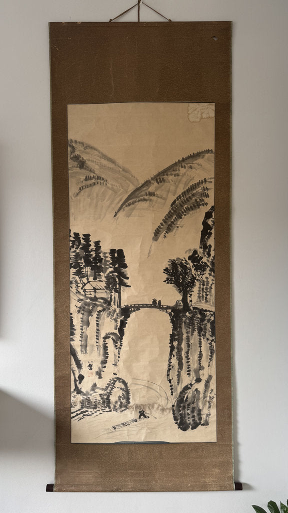 Japanese Sumi-e Ink Landscape Kakemono — Mountain Bridge & River Scene, Antique Sansuiga Scroll