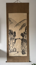 Japanese Sumi-e Ink Landscape Kakemono — Mountain Bridge & River Scene, Antique Sansuiga Scroll