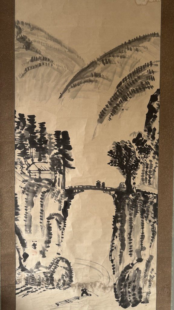 Japanese Sumi-e Ink Landscape Kakemono — Mountain Bridge & River Scene, Antique Sansuiga Scroll