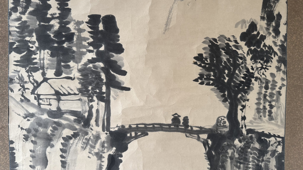 Japanese Sumi-e Ink Landscape Kakemono — Mountain Bridge & River Scene, Antique Sansuiga Scroll