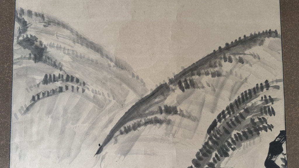Japanese Sumi-e Ink Landscape Kakemono — Mountain Bridge & River Scene, Antique Sansuiga Scroll