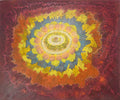 An abstract circular artwork with concentric rings in yellow, orange, red, blue, and cream, surrounded by a textured dark red and brown border.