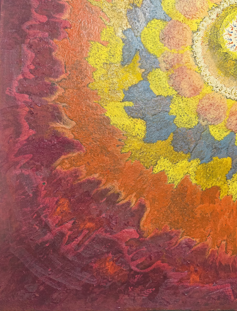 Vintage Japanese Abstract Painting 1969, Ashiya Artist Kako Yoshio, Acrylic on Canvas, Mandala Flower Composition, Titled Hana