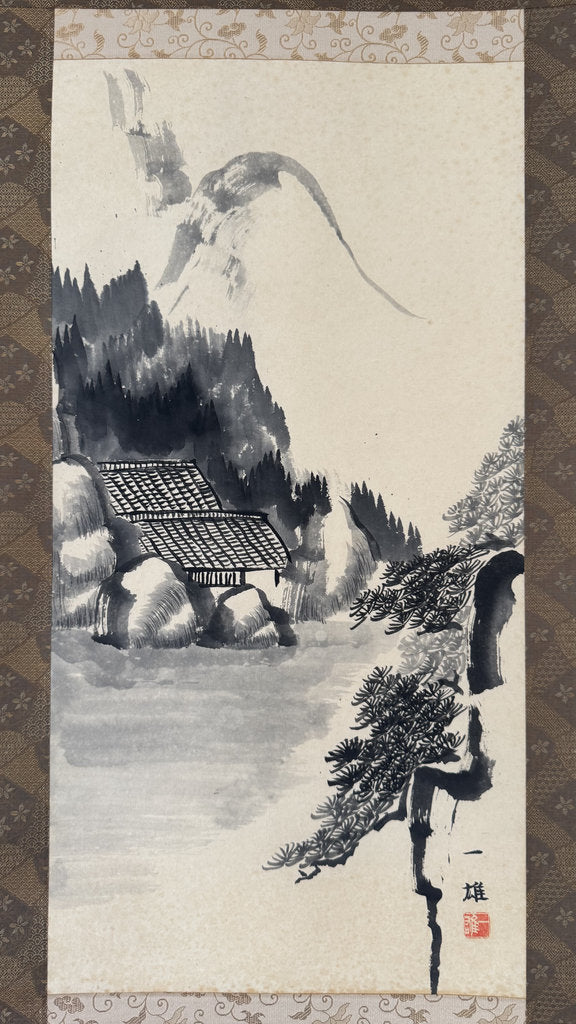 Vintage Japanese Sumi-e Ink Landscape Kakemono Set of 3, Sansuiga Triptych, Signed Kazuo, Silk Brocade Mounting, Genuine Age Foxing