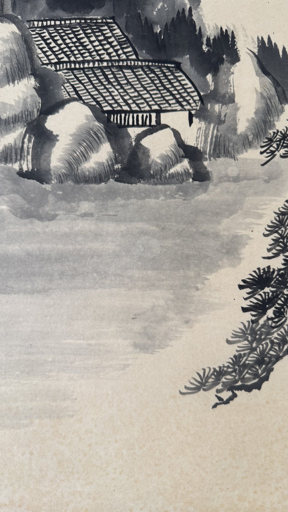 Vintage Japanese Sumi-e Ink Landscape Kakemono Set of 3, Sansuiga Triptych, Signed Kazuo, Silk Brocade Mounting, Genuine Age Foxing
