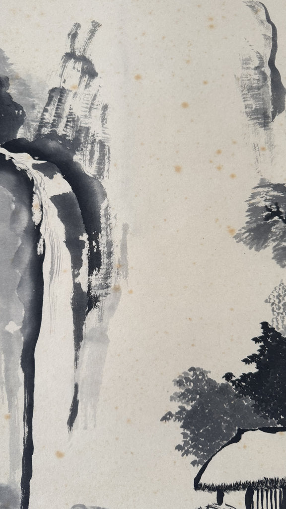 Vintage Japanese Sumi-e Ink Landscape Kakemono Set of 3, Sansuiga Triptych, Signed Kazuo, Silk Brocade Mounting, Genuine Age Foxing