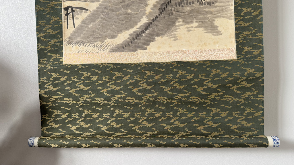 Antique Japanese Sumi-e Landscape Scroll, Mountain Hermit Sansuiga, Cursive Poem, Blue and White Porcelain Roller Ends, Genuine Foxing