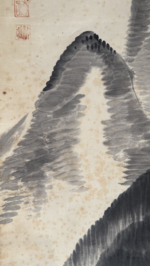 Antique Japanese Sumi-e Landscape Scroll, Mountain Hermit Sansuiga, Cursive Poem, Blue and White Porcelain Roller Ends, Genuine Foxing