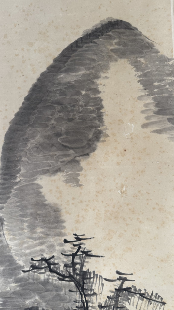 Antique Japanese Sumi-e Landscape Scroll, Mountain Hermit Sansuiga, Cursive Poem, Blue and White Porcelain Roller Ends, Genuine Foxing