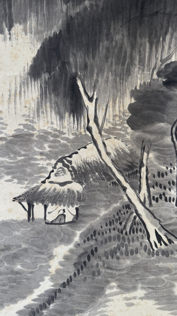 Antique Japanese Sumi-e Landscape Scroll, Mountain Hermit Sansuiga, Cursive Poem, Blue and White Porcelain Roller Ends, Genuine Foxing