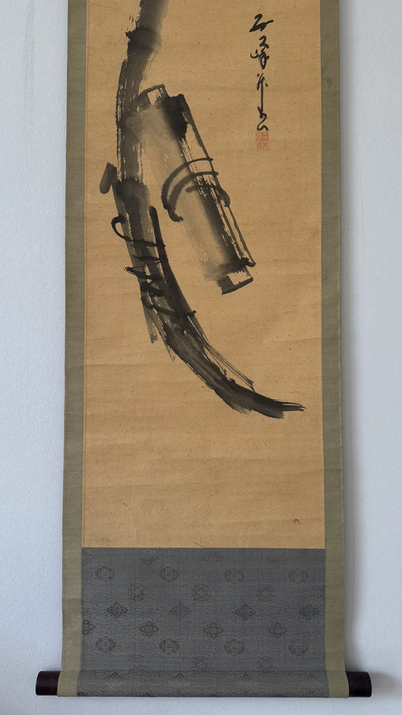 Vintage Japanese Zen Ink Painting Calligraphy Scroll Bamboo Staff Bell