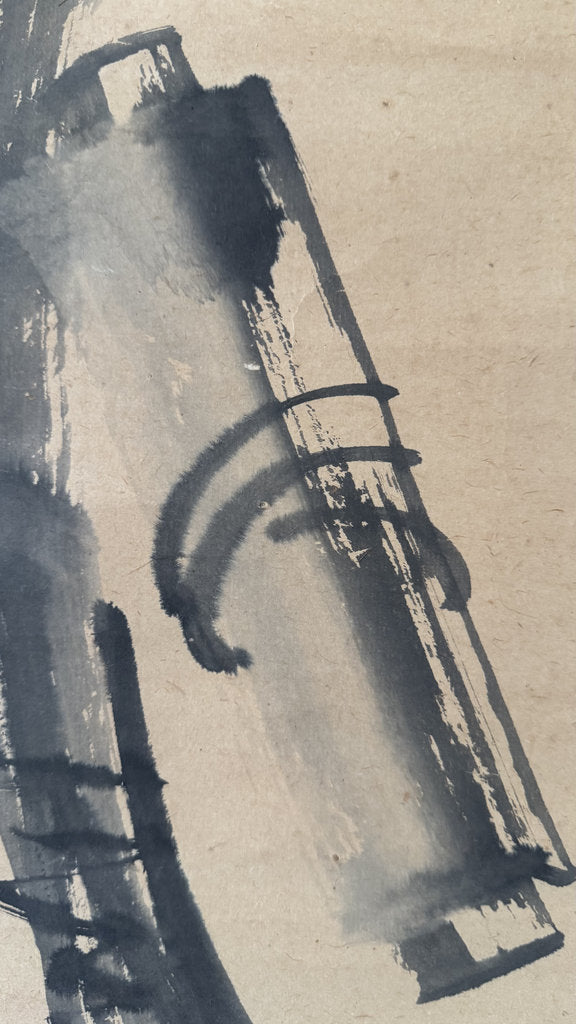 Vintage Japanese Zen Ink Painting Calligraphy Scroll Bamboo Staff Bell