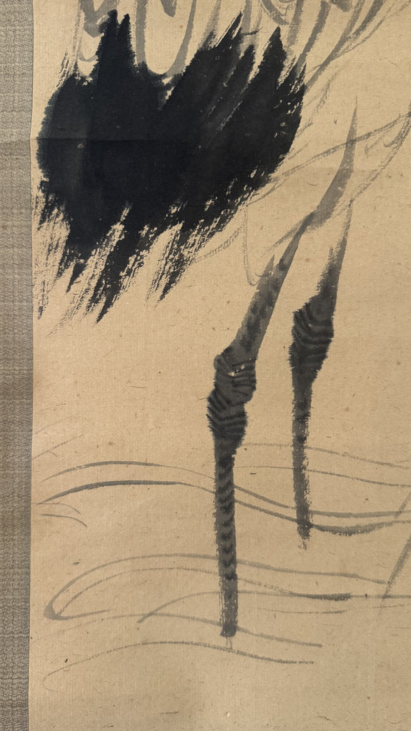 Antique Japanese Sumi-e Kakemono Scroll Red-Crowned Crane Painting