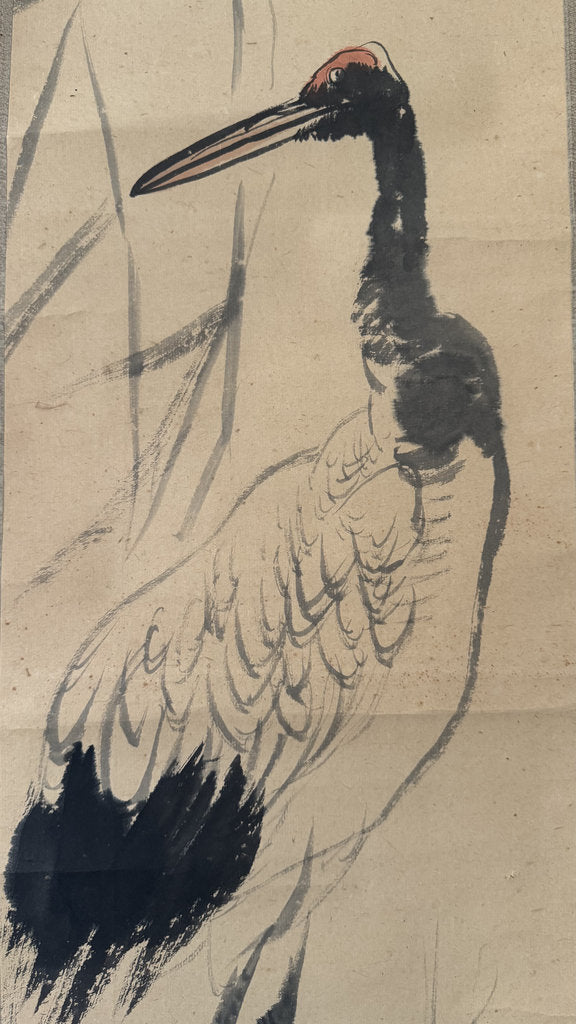 Antique Japanese Sumi-e Kakemono Scroll Red-Crowned Crane Painting