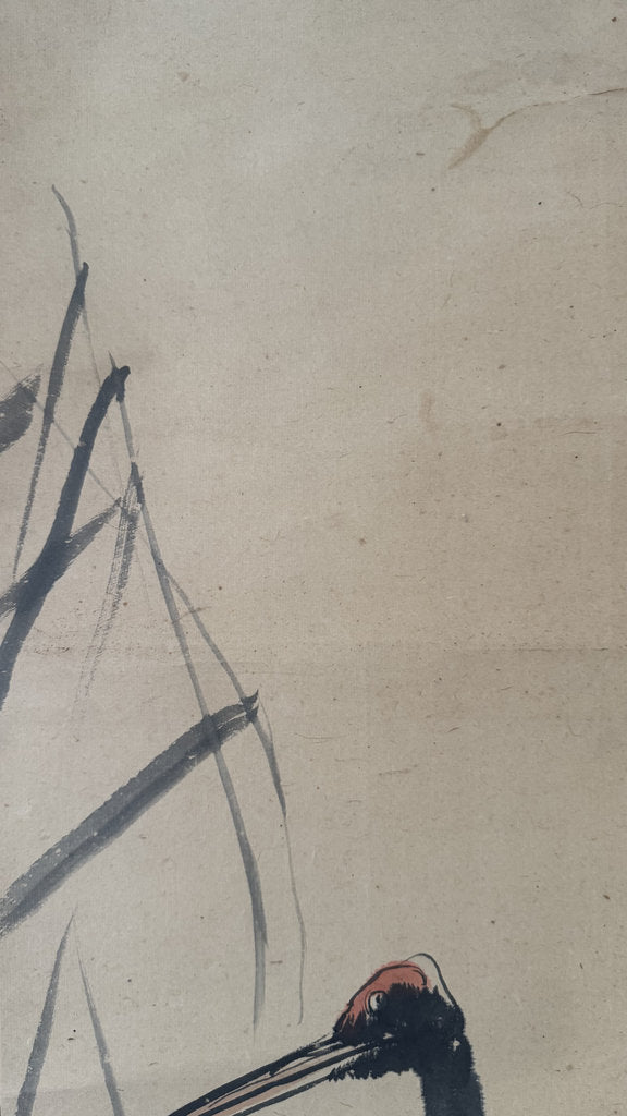 Antique Japanese Sumi-e Kakemono Scroll Red-Crowned Crane Painting