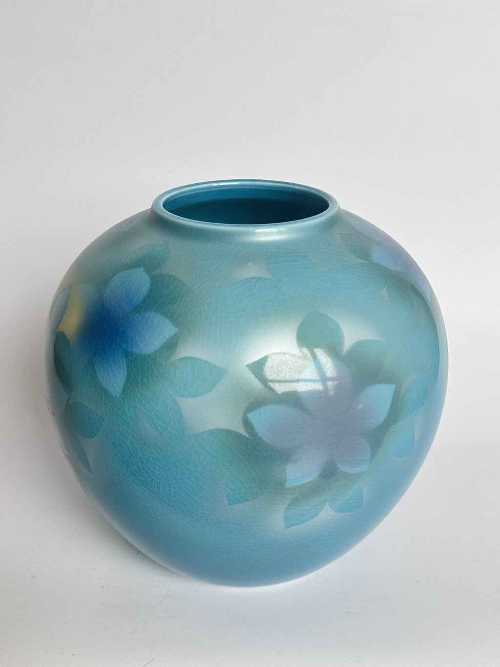 Kutani Vase Blue Hydrangea Ajisai Ginsai Silver Glaze Monochrome Japanese Porcelain Globe Form Showa Studio Ceramics Collector