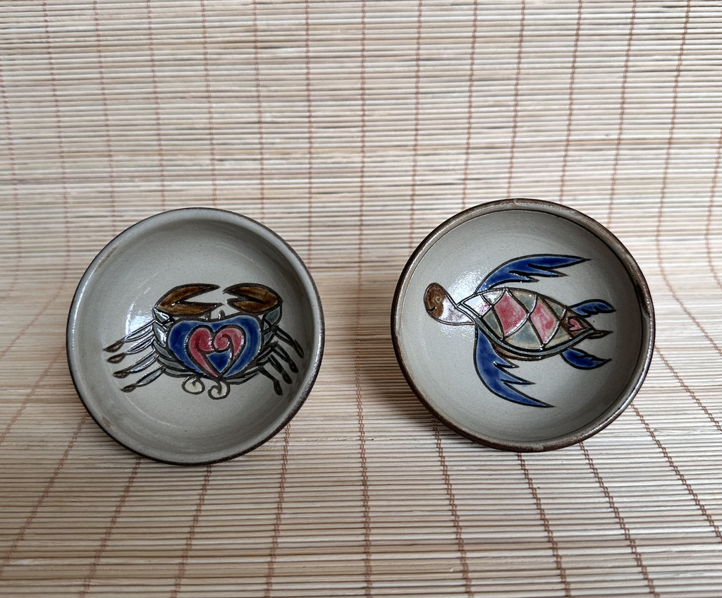 Vintage Japanese Folk Pottery Tea Cup Pair, Crab & Sea Turtle Yunomi, Hand Painted Stoneware, Mingei Style