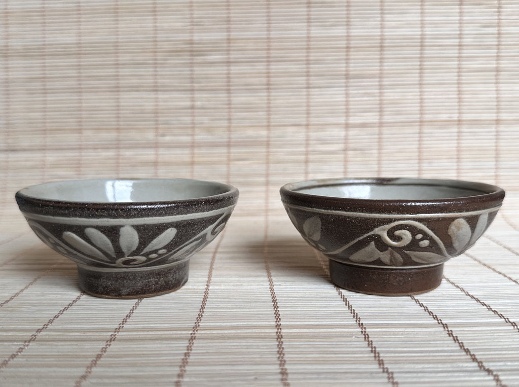 Vintage Japanese Folk Pottery Tea Cup Pair, Crab & Sea Turtle Yunomi, Hand Painted Stoneware, Mingei Style