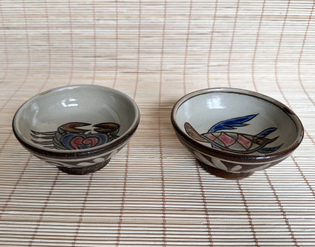 Vintage Japanese Folk Pottery Tea Cup Pair, Crab & Sea Turtle Yunomi, Hand Painted Stoneware, Mingei Style