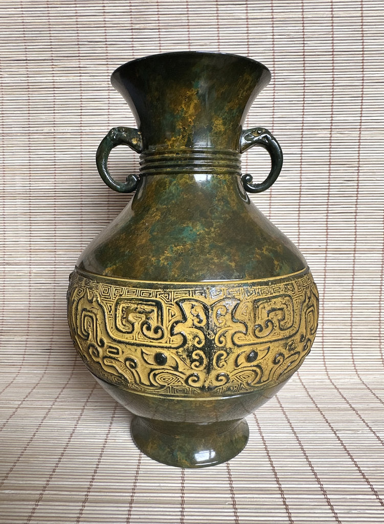Vintage Japanese Bronze Vase, Taotie Motif, Takaoka Style Archaistic Urn
