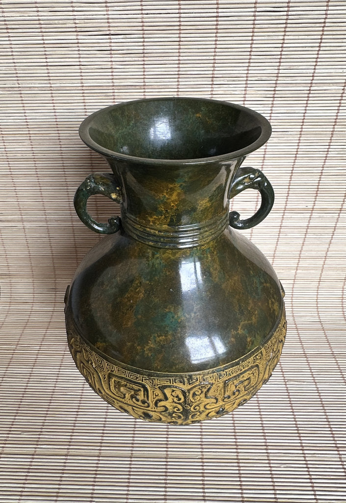 Vintage Japanese Bronze Vase, Taotie Motif, Takaoka Style Archaistic Urn