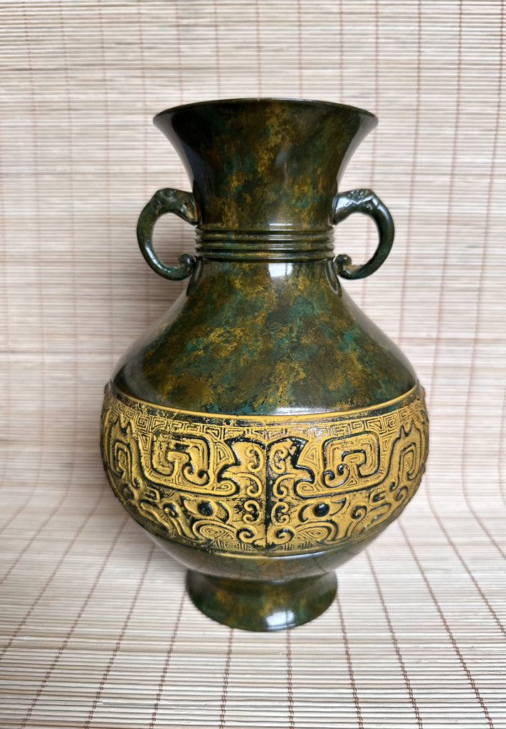 Vintage Japanese Bronze Vase, Taotie Motif, Takaoka Style Archaistic Urn