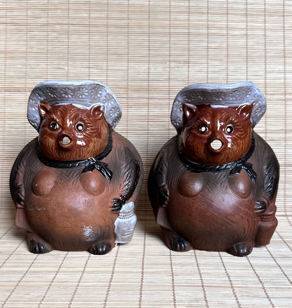 Vintage Shigaraki Tanuki Pair, Japanese Lucky Raccoon Dog Statues, Fortune Shop Decor, Folk Pottery, Showa Era