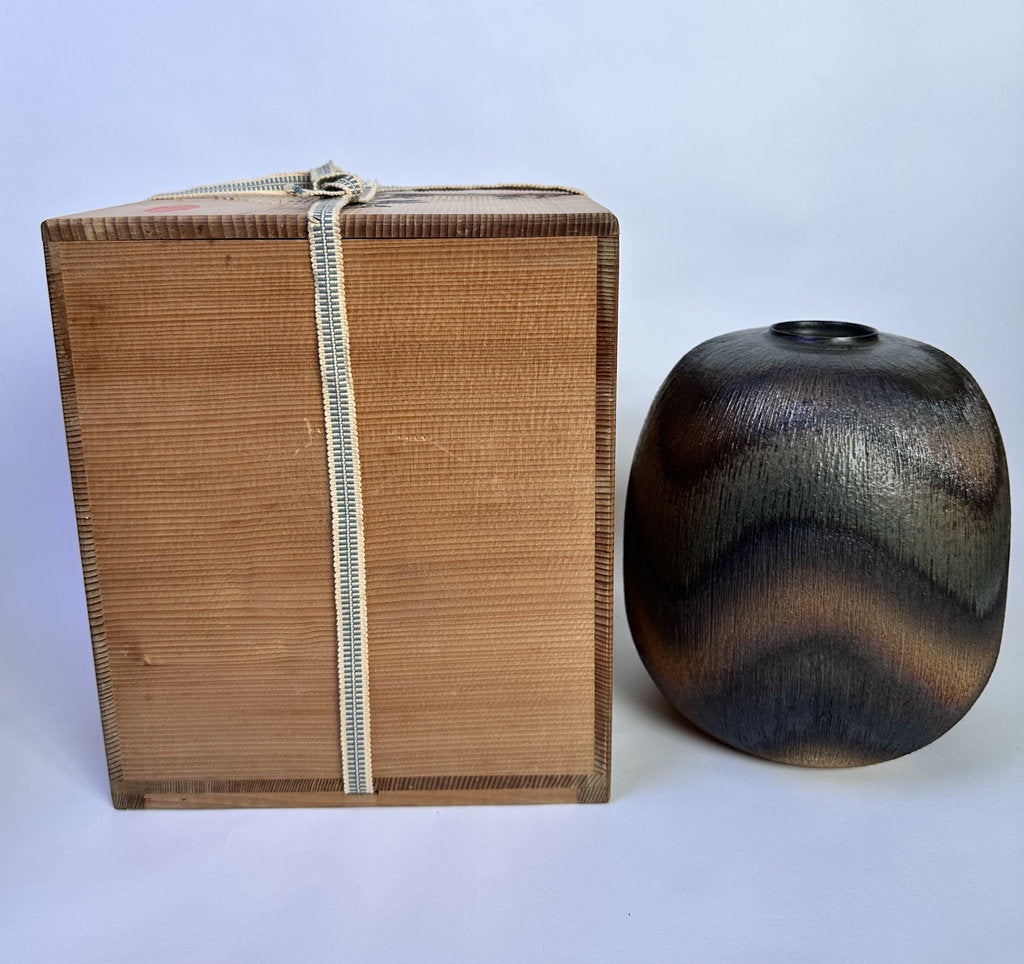 Vintage Japanese Shigaraki Vase, Signed, Carved Texture Fire Gradient