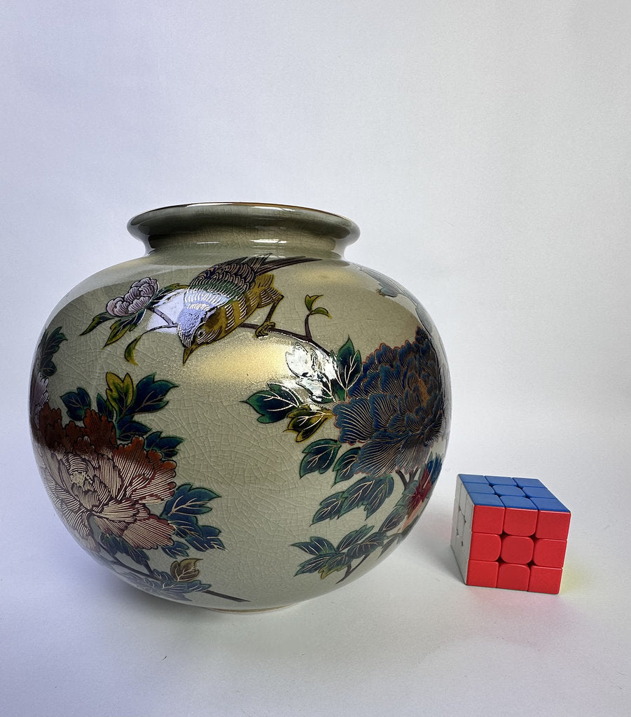 Vintage Kutani Ware Vase, Hand Painted Peony & Bird Ceramic Hanaire, Crackle Glaze Japanese Floral Vessel