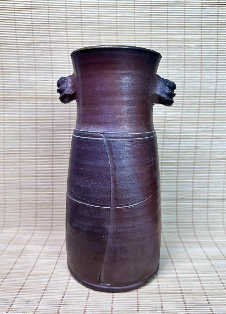 Vintage Japanese Bizen Ware Vase, Mimitsuki Ear Handles, Sangiri Fire Effect, Deep Purple Red, Unglazed Stoneware, Signed Tomobako