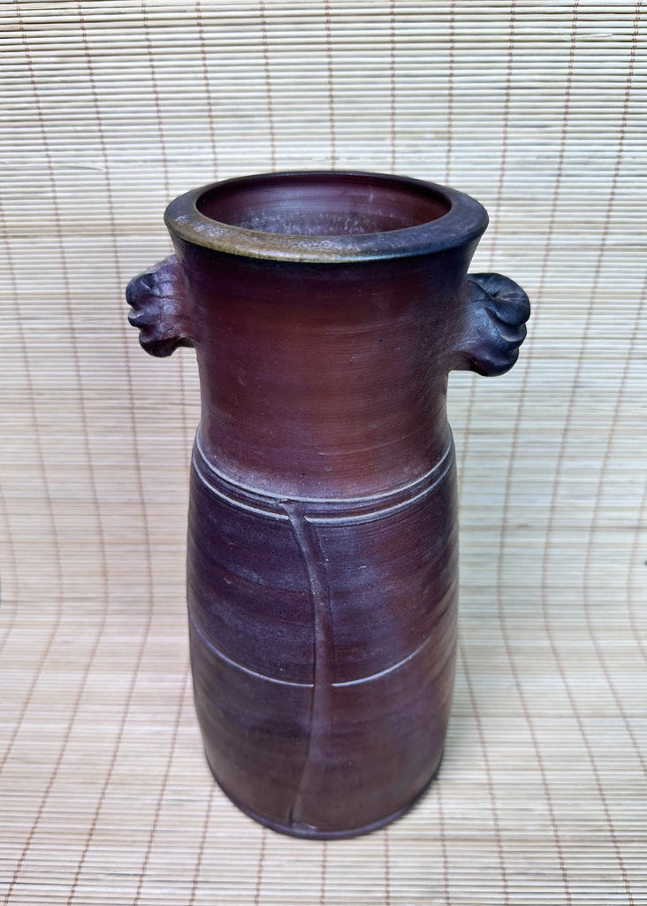Vintage Japanese Bizen Ware Vase, Mimitsuki Ear Handles, Sangiri Fire Effect, Deep Purple Red, Unglazed Stoneware, Signed Tomobako