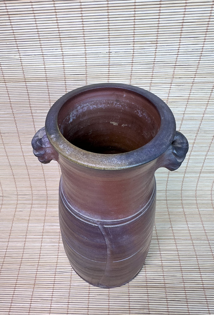Vintage Japanese Bizen Ware Vase, Mimitsuki Ear Handles, Sangiri Fire Effect, Deep Purple Red, Unglazed Stoneware, Signed Tomobako