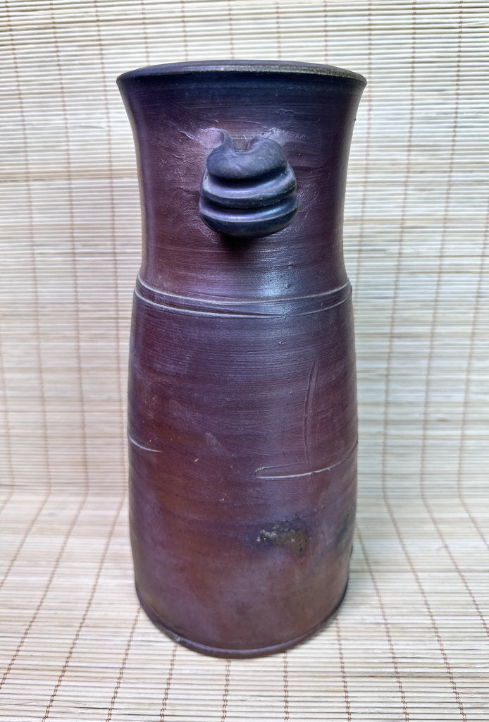 Vintage Japanese Bizen Ware Vase, Mimitsuki Ear Handles, Sangiri Fire Effect, Deep Purple Red, Unglazed Stoneware, Signed Tomobako