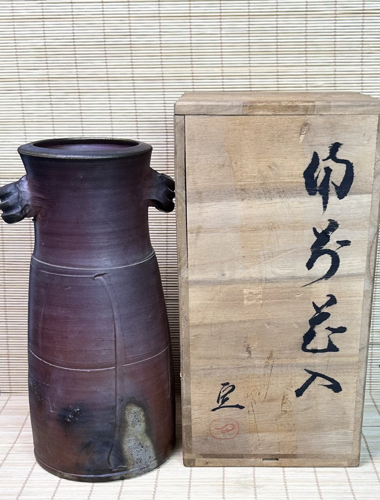 Vintage Japanese Bizen Ware Vase, Mimitsuki Ear Handles, Sangiri Fire Effect, Deep Purple Red, Unglazed Stoneware, Signed Tomobako
