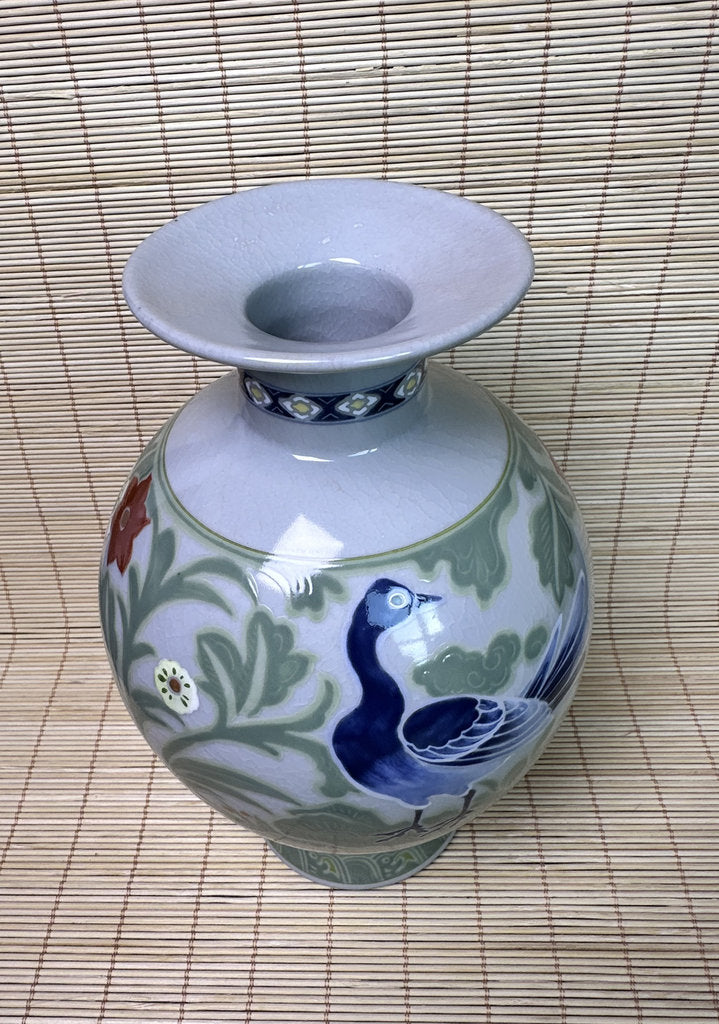 Vintage Japanese Kutani Porcelain Vase, Peacock Motif, Celadon Crackle Glaze, Raised Moriage Flowers, Miyama Kiln Signed