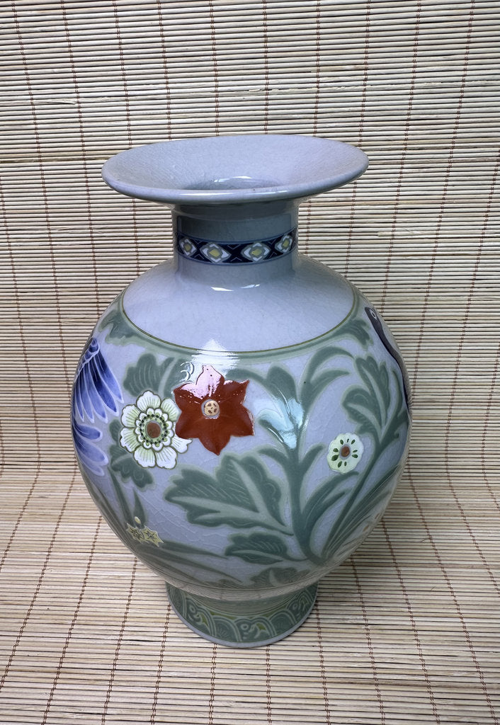 Vintage Japanese Kutani Porcelain Vase, Peacock Motif, Celadon Crackle Glaze, Raised Moriage Flowers, Miyama Kiln Signed
