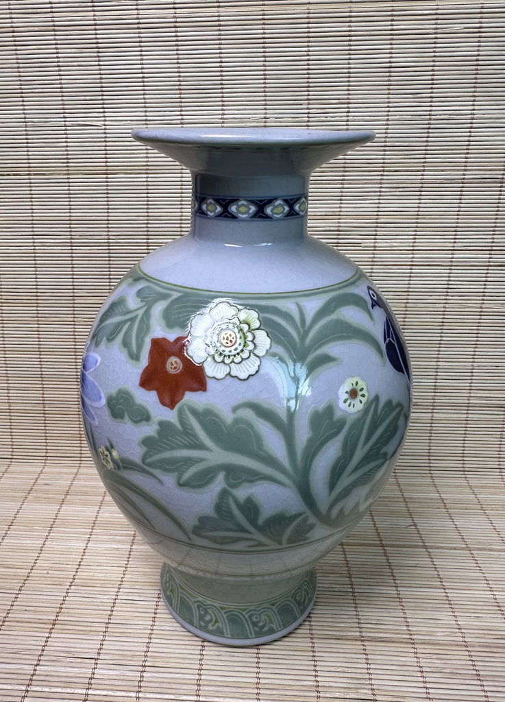 Vintage Japanese Kutani Porcelain Vase, Peacock Motif, Celadon Crackle Glaze, Raised Moriage Flowers, Miyama Kiln Signed