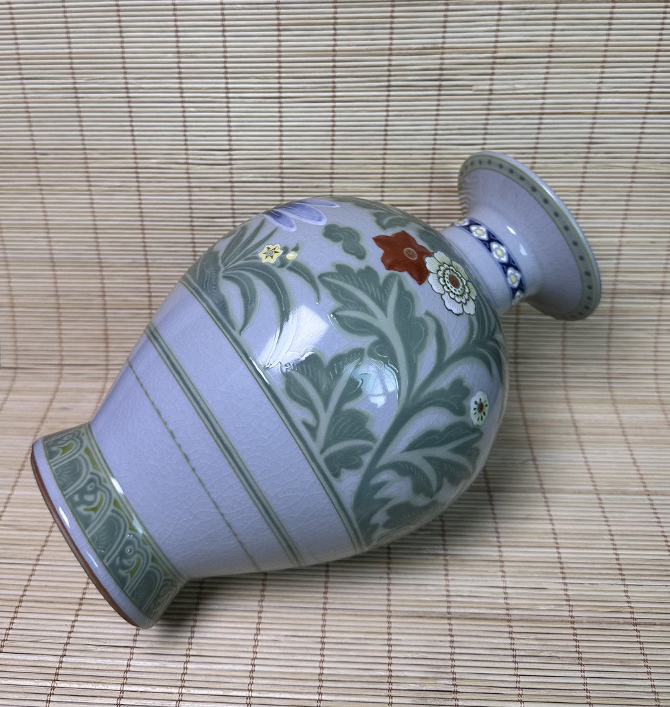 Vintage Japanese Kutani Porcelain Vase, Peacock Motif, Celadon Crackle Glaze, Raised Moriage Flowers, Miyama Kiln Signed