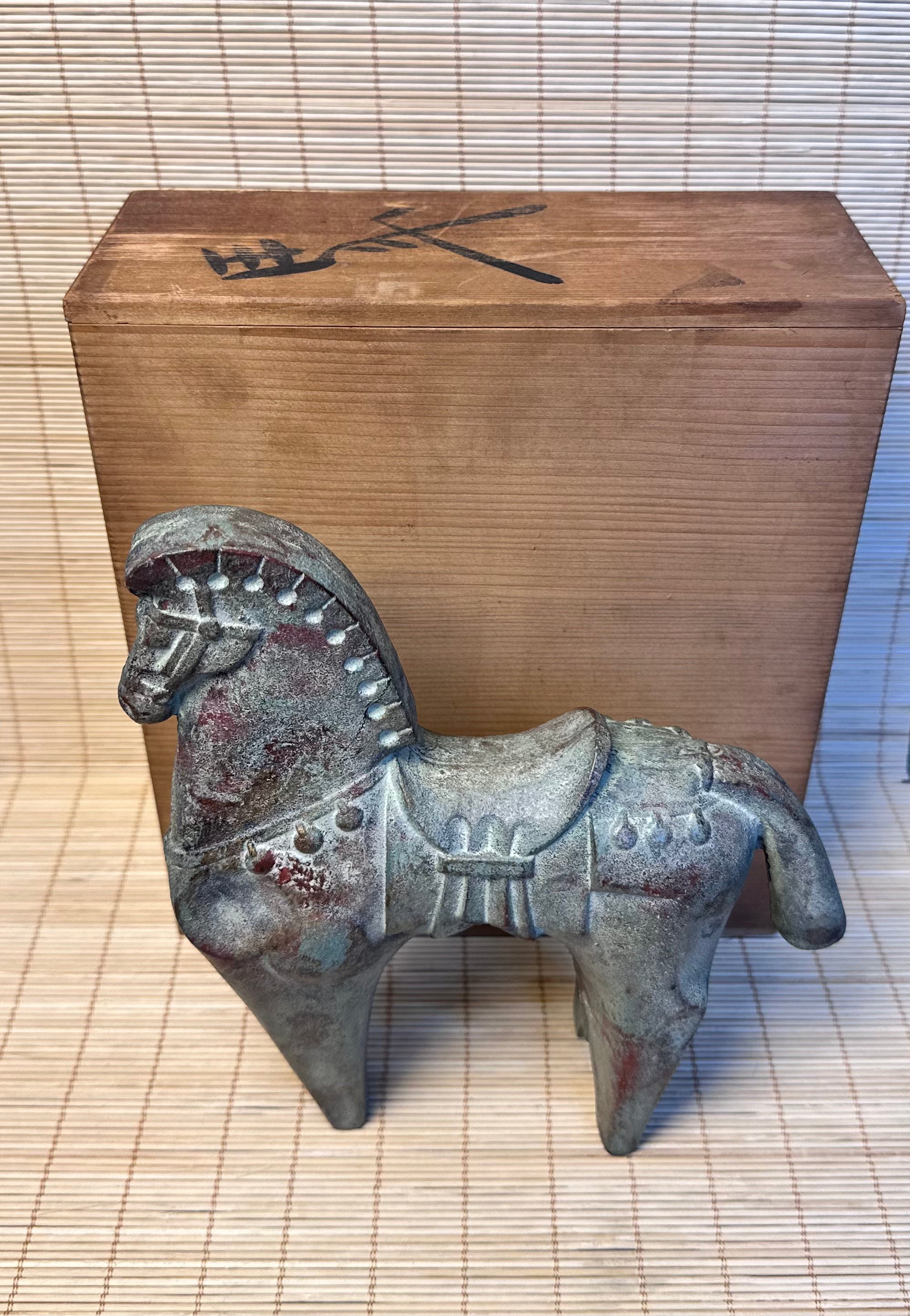 Vintage Japanese Bronze Haniwa Horse Statue, Kofun Era Style, Ancient Motif