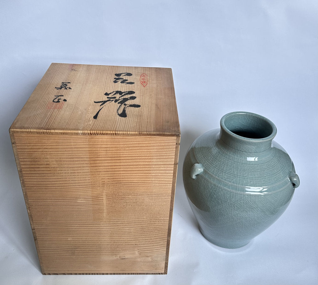 Vintage Japanese Seiji Celadon Vase, Crackle Glaze Ring Handle Ceramic