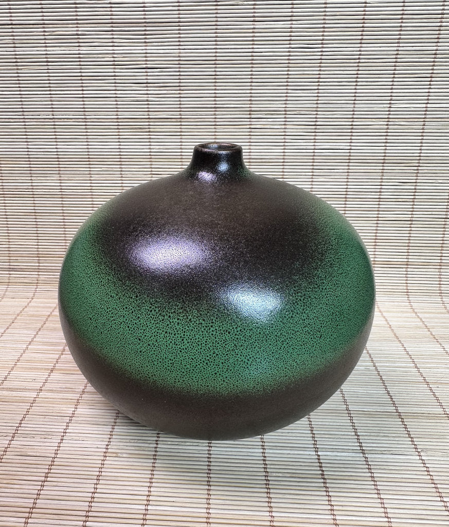 Pair of Modern Ceramic Bottle Vases, Black and Green Glaze, Small Neck Design