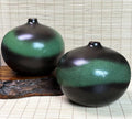 Pair of Modern Ceramic Bottle Vases, Black and Green Glaze, Small Neck Design