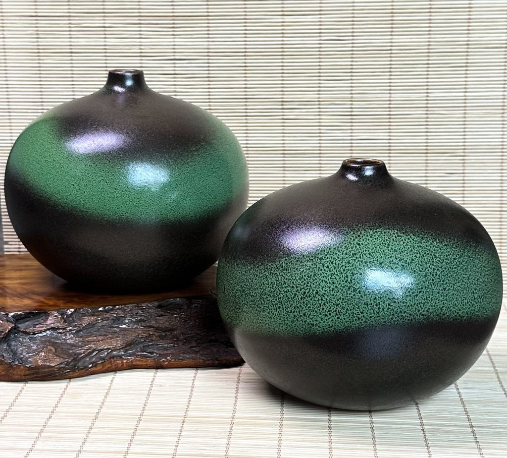 Pair of Modern Ceramic Bottle Vases, Black and Green Glaze, Small Neck Design