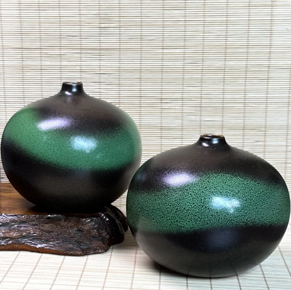 Pair of Modern Ceramic Bottle Vases, Black and Green Glaze, Small Neck Design