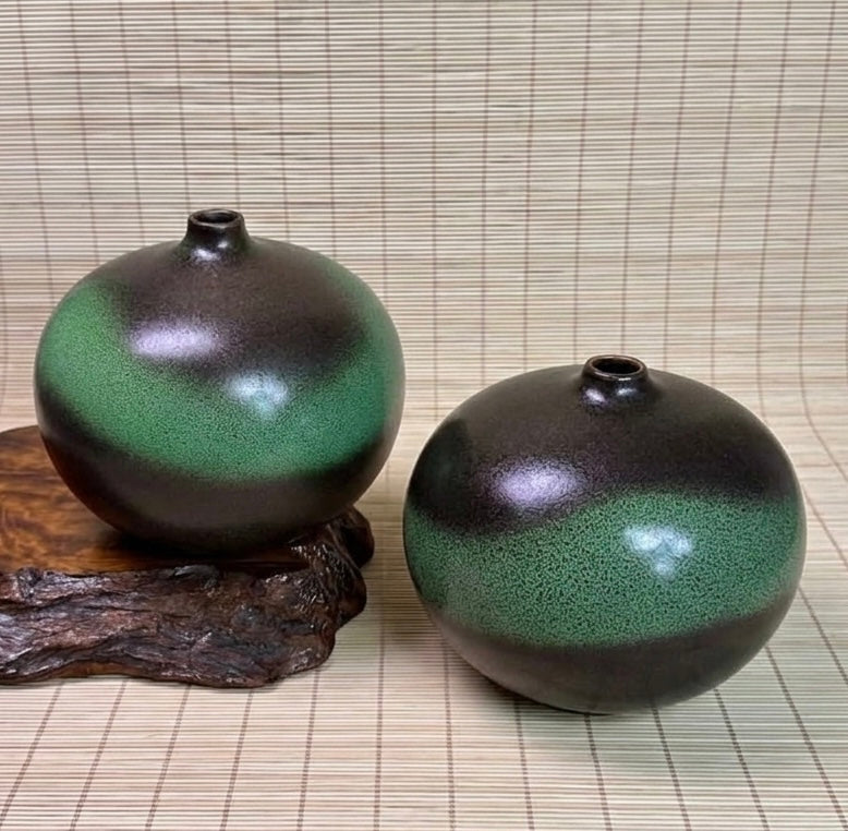 Pair of Modern Ceramic Bottle Vases, Black and Green Glaze, Small Neck Design
