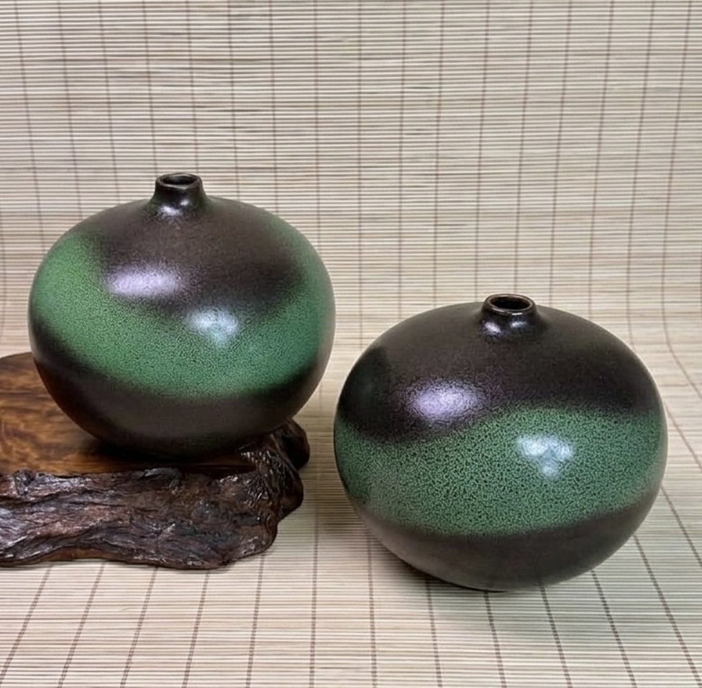 Pair of Modern Ceramic Bottle Vases, Black and Green Glaze, Small Neck Design